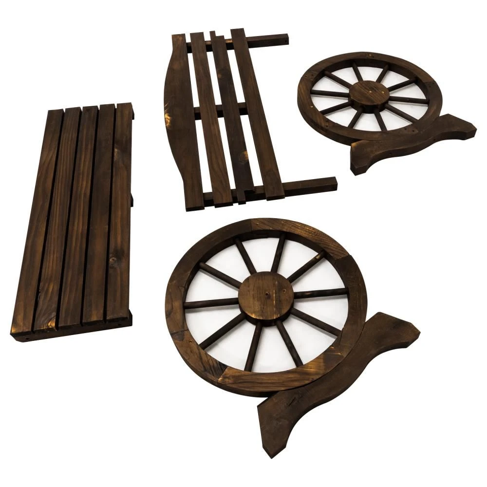 Woodside 2 Seater Wheel Bench, Outdoor Garden Patio Furniture Burnt Stained Wood - Image 6