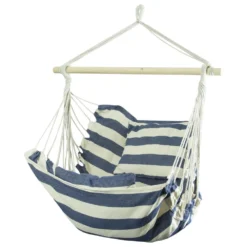 Woodside Swinging Garden Hammock Chair Outdoor Wooden Rope Swing Seat, Blue/White