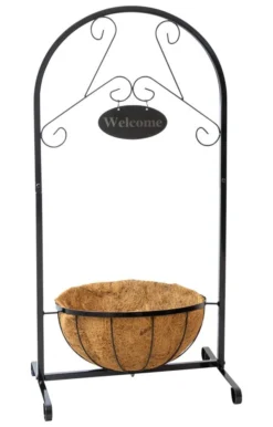 Woodside Hanging Coconut Flower Basket Planter Stand With Garden Welcome Sign
