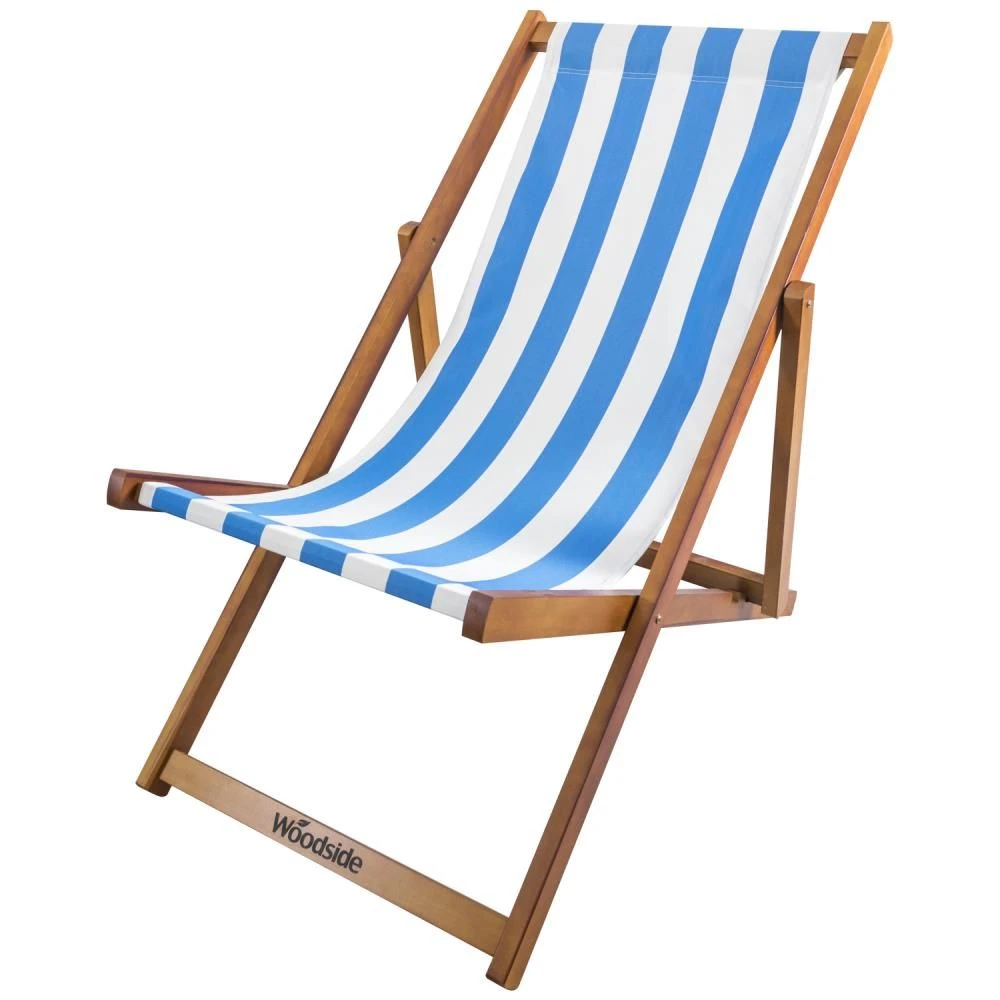 Woodside Traditional Folding Beach/Garden Wooden Deck Chair Seaside Lounger Light Blue & White X 2 - Image 2