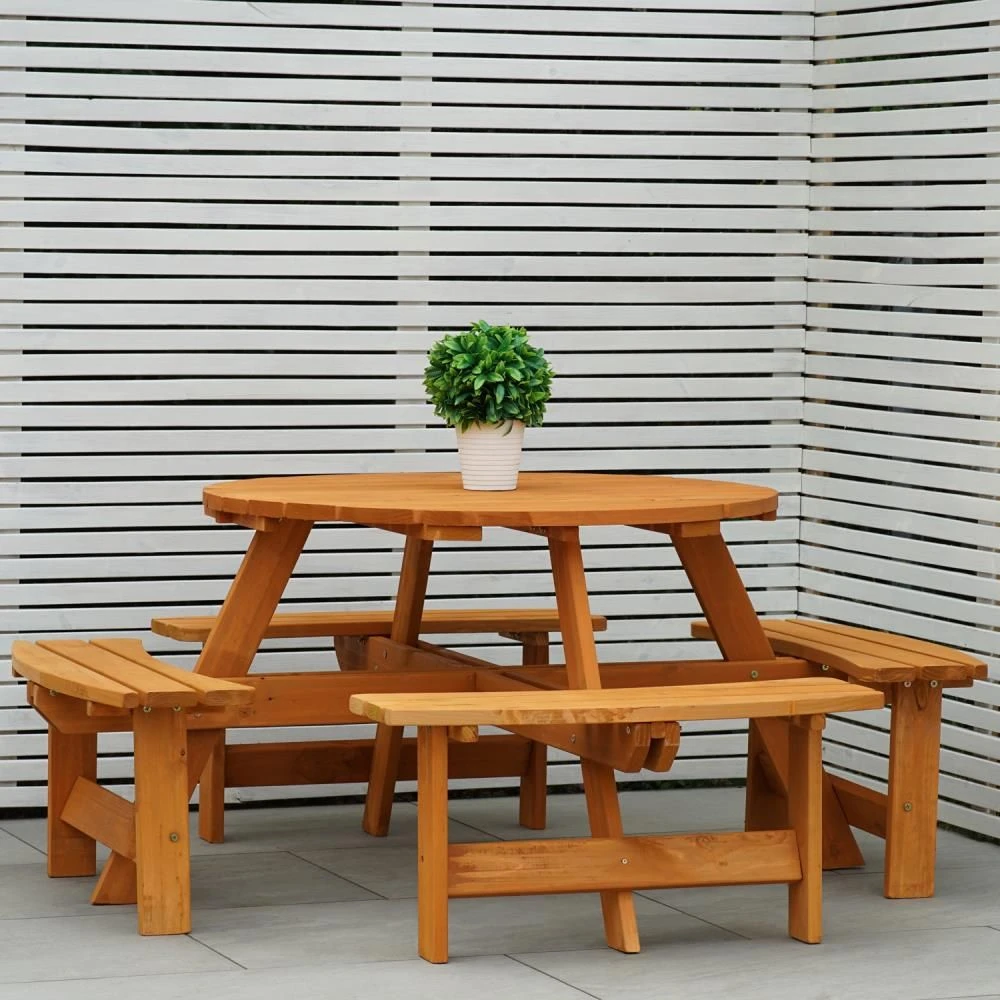 Maribelle 8 Seater Round Wooden Garden/Pub Bench - STAINED - Image 3