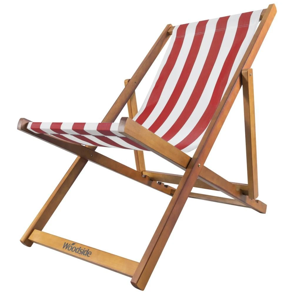 Woodside Traditional Folding Beach/Garden Wooden Deck Chair Seaside Lounger Red & White X 2 - Image 3