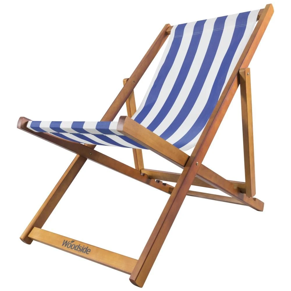 Woodside Traditional Folding Beach/Garden Wooden Deck Chair Seaside Lounger Dark Blue & White X 2 - Image 3
