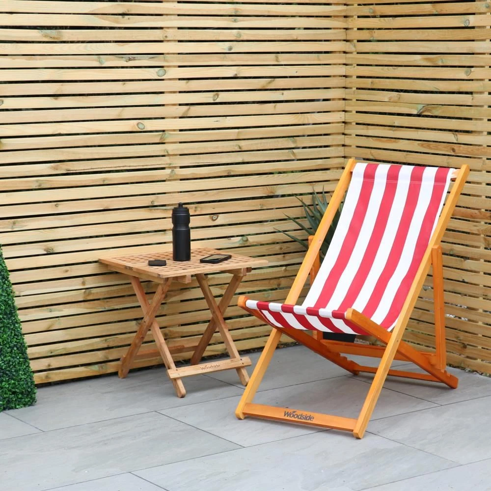 Woodside Traditional Folding Beach/Garden Wooden Deck Chair Seaside Lounger Red & White X 2 - Image 4