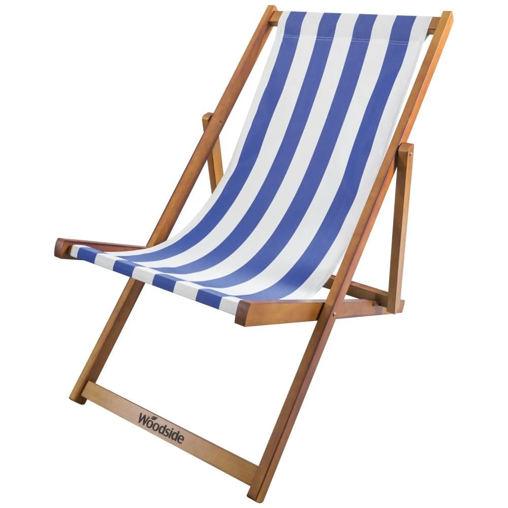 Woodside Traditional Folding Beach/Garden Wooden Deck Chair Seaside Lounger Dark Blue & White X 2 - Image 2