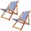 Woodside Traditional Folding Beach/Garden Wooden Deck Chair Seaside Lounger Dark Blue & White X 2