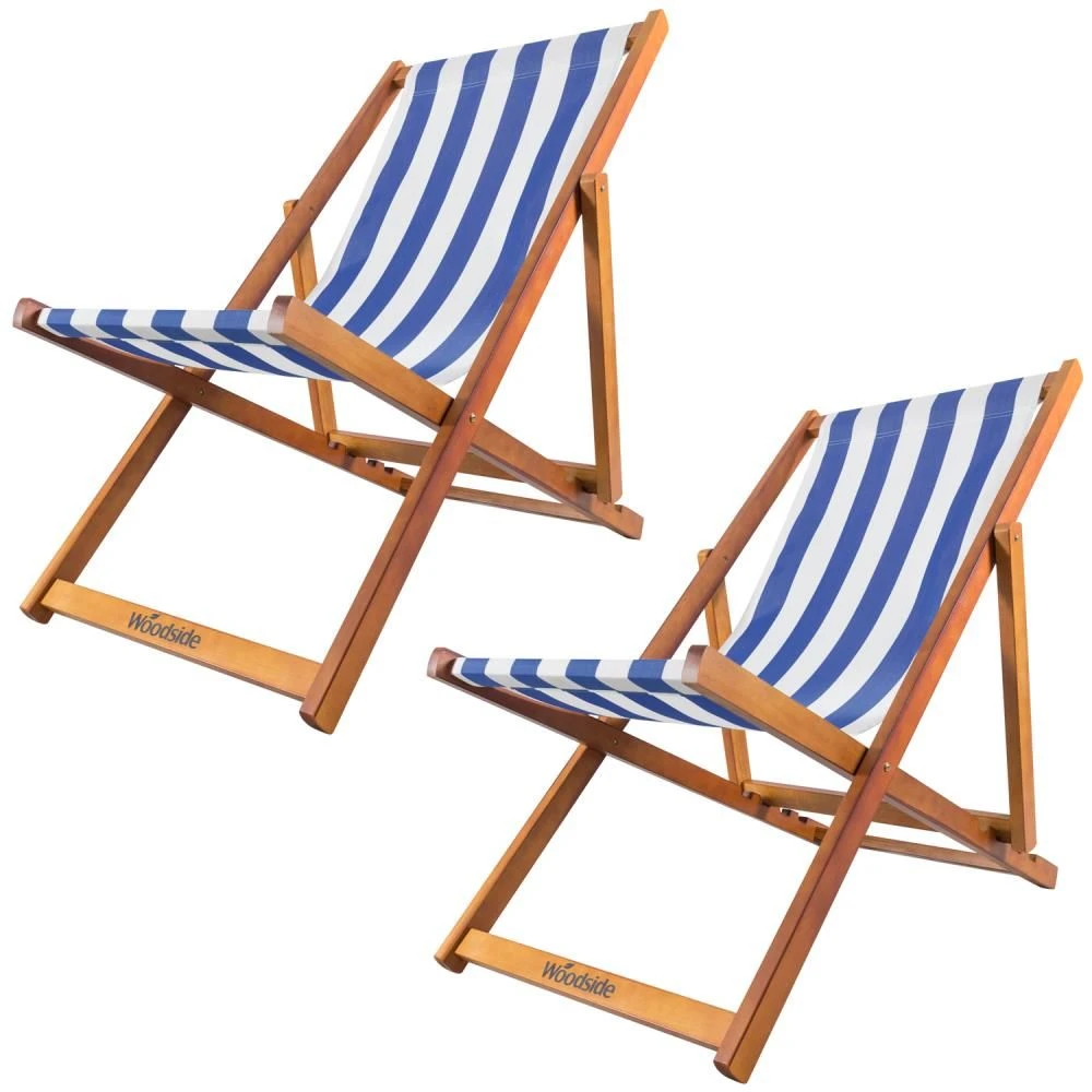Woodside Traditional Folding Beach/Garden Wooden Deck Chair Seaside Lounger Dark Blue & White X 2