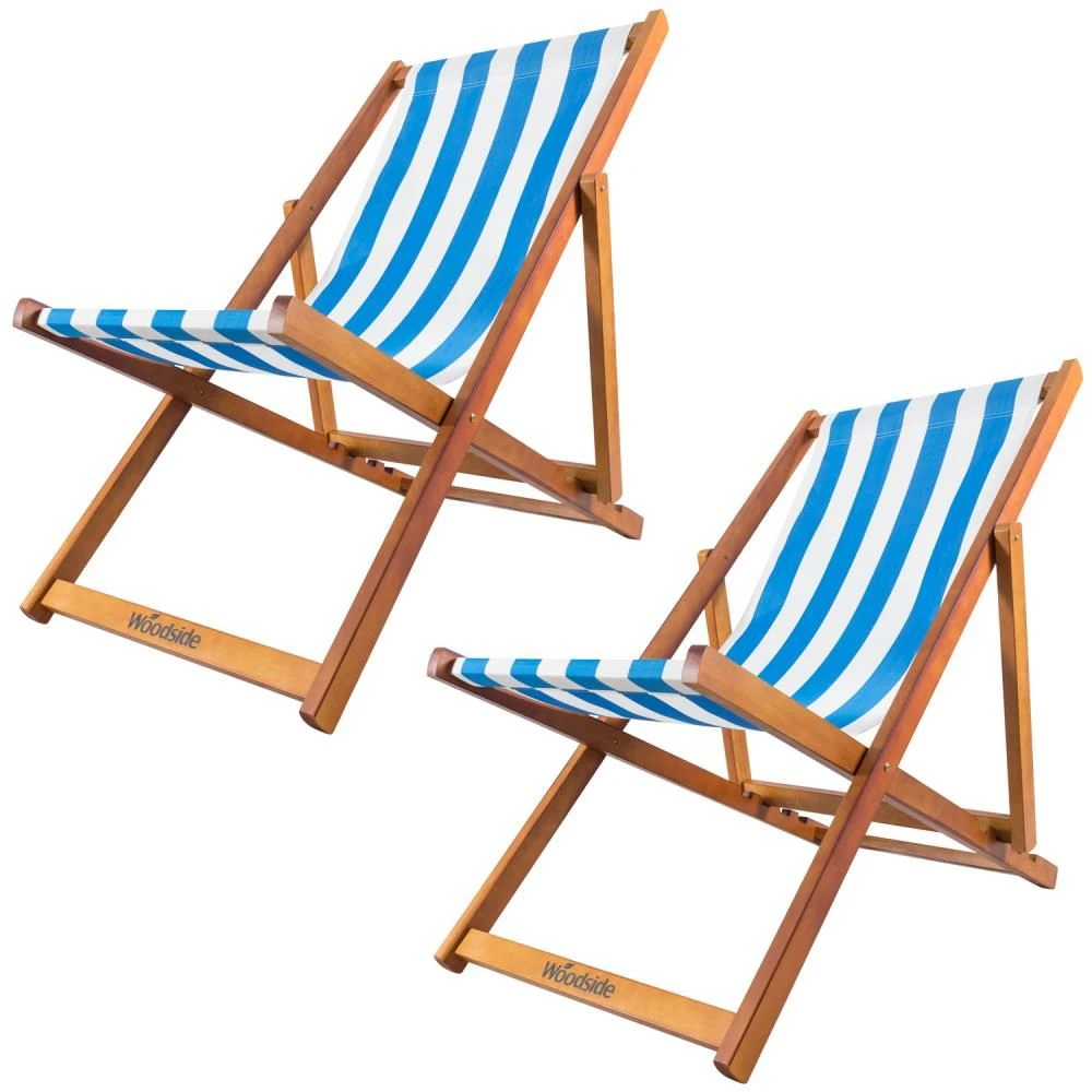 Woodside Traditional Folding Beach/Garden Wooden Deck Chair Seaside Lounger Light Blue & White X 2