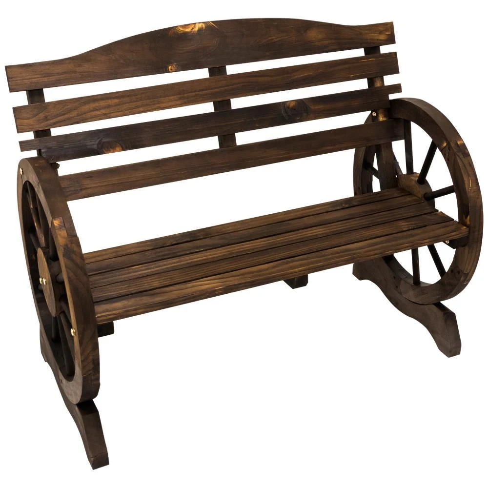 Woodside 2 Seater Wheel Bench, Outdoor Garden Patio Furniture Burnt Stained Wood - Image 4
