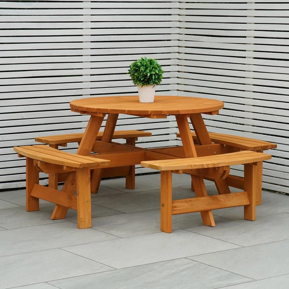 Maribelle 8 Seater Round Wooden Garden/Pub Bench - STAINED - Image 2