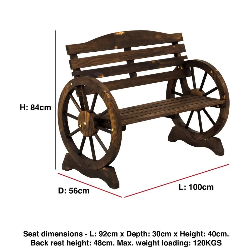 Woodside 2 Seater Wheel Bench, Outdoor Garden Patio Furniture Burnt Stained Wood - Image 7