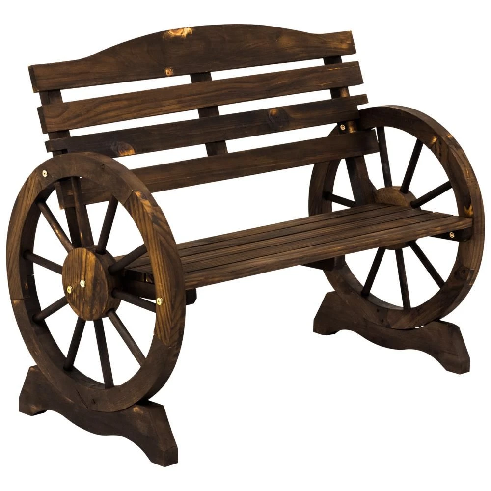 Woodside 2 Seater Wheel Bench, Outdoor Garden Patio Furniture Burnt Stained Wood - Image 3
